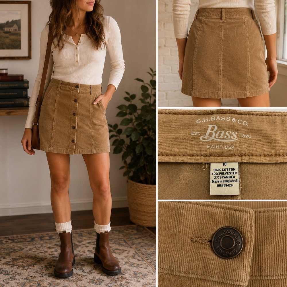 G.H. Bass & Co. Tan Brown Corduroy Button‎ Front Mini Skirt Size 10 Vintage